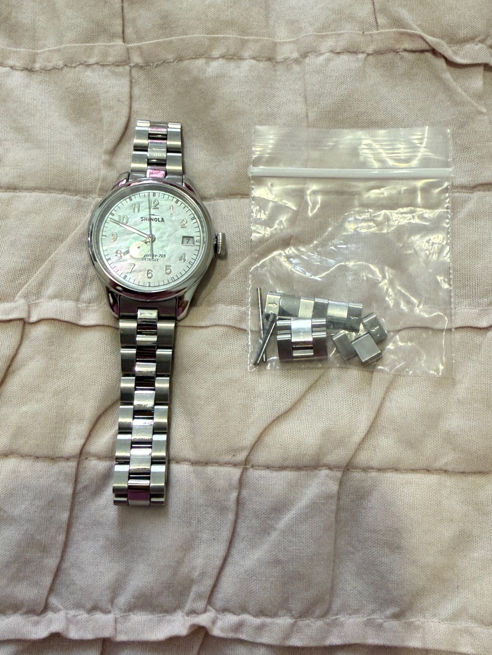 Shinola Silver Stainless Steel Watch with Mother-of-Pearl Dial